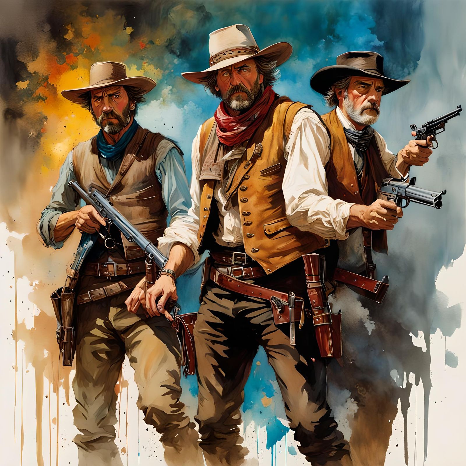 Western Gunfight in Loose Watercolor Style