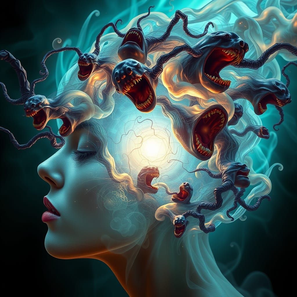 Surreal Woman Transcends into Cosmic Vortex