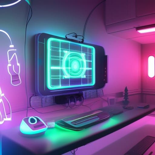 Cyberpunk Gaming Room with Floating Computer in Neon Light
