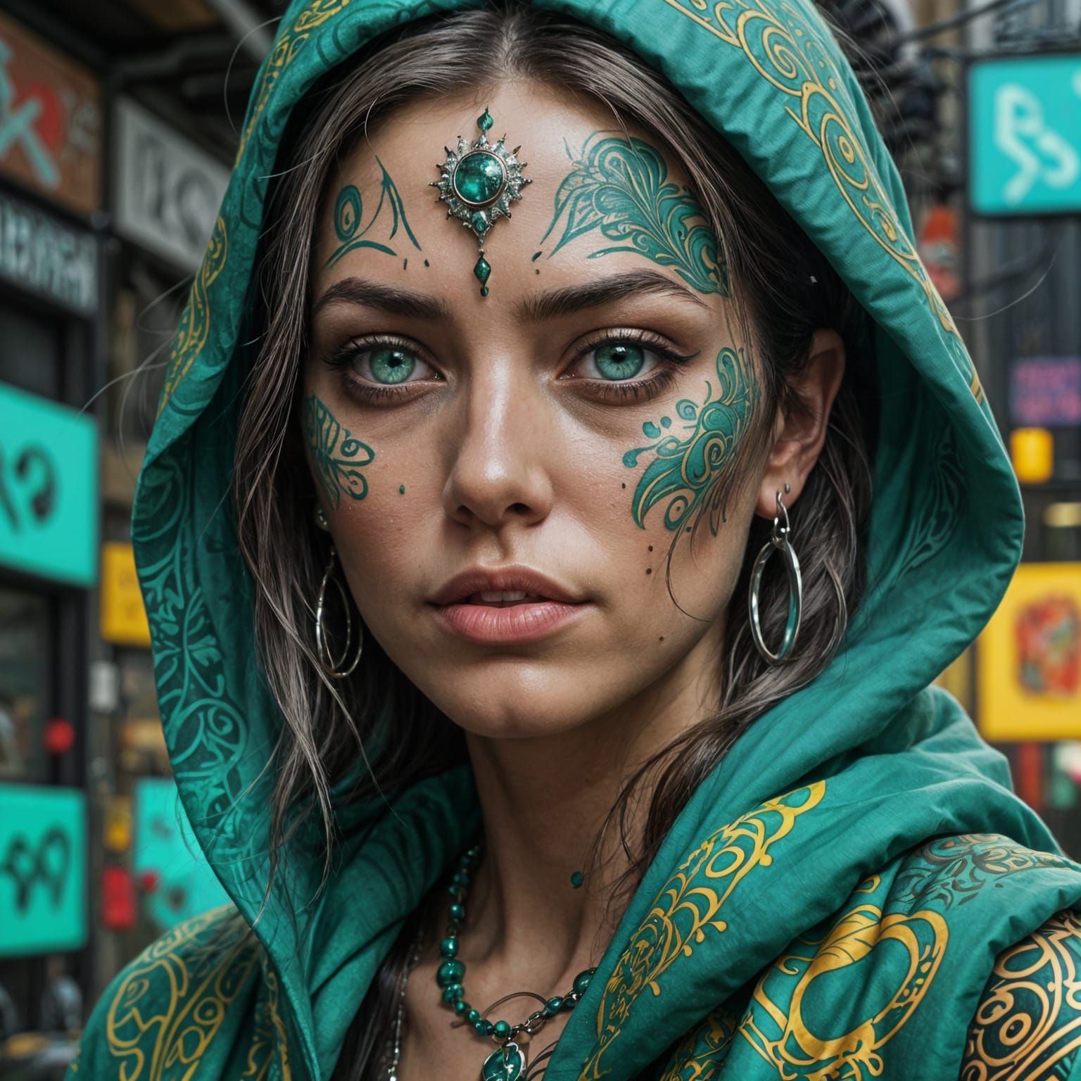Vibrant Woman's Face in Turquoise and Emerald Green Graffiti