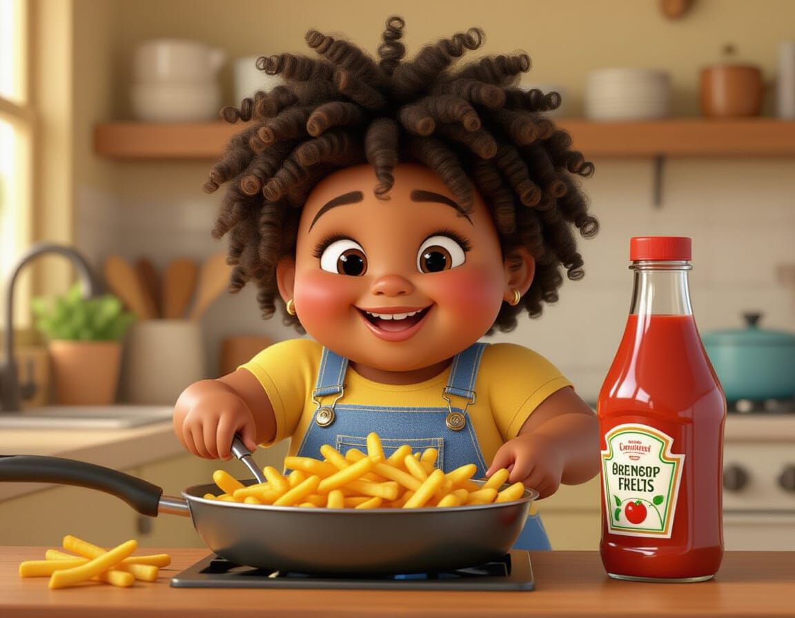 Happy Black Girl Cooking Fries, Pixar-Inspired Animation