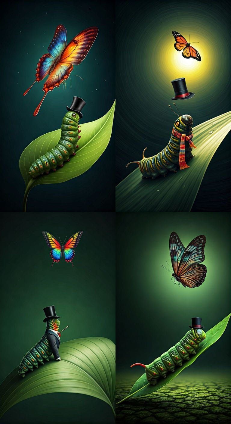 Surrealist Painting: Caterpillar Gazes Up at Vibrant Butterf...