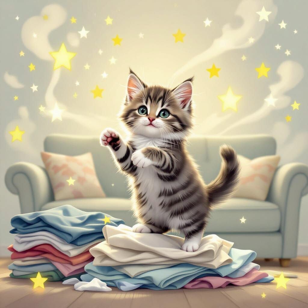 Cute Kitten Folds Laundry in Magical Floating Scene