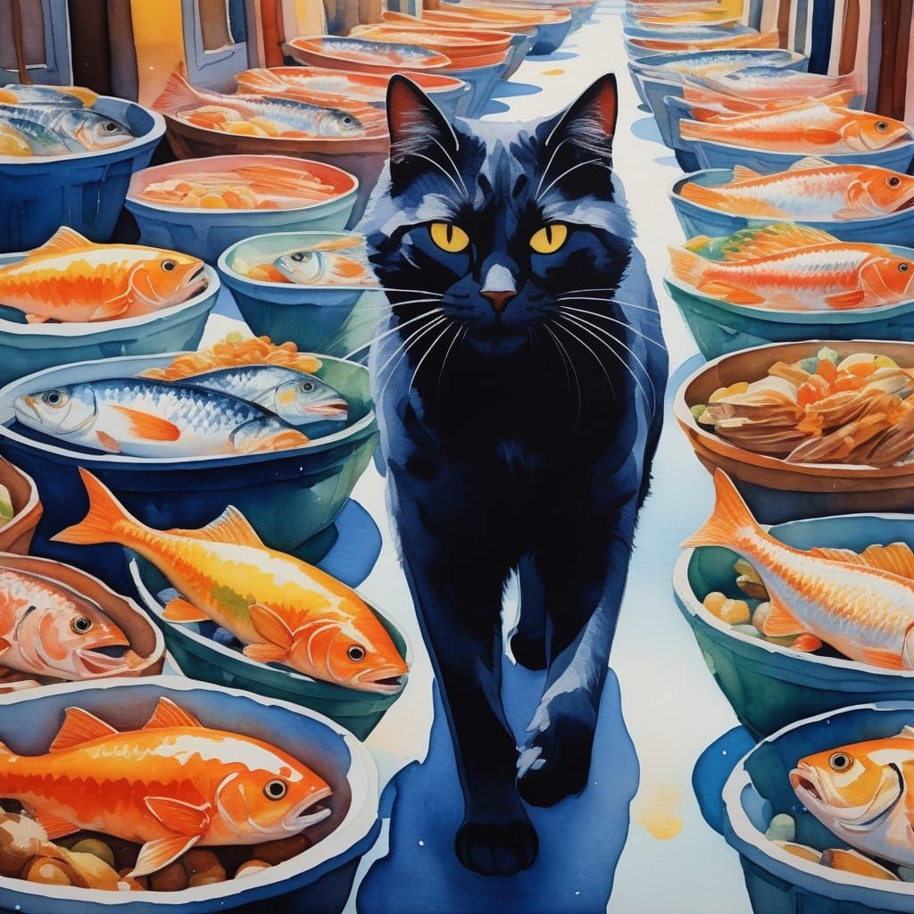 Mischievous Cat in Vibrant Market Scene, Impressionist Style