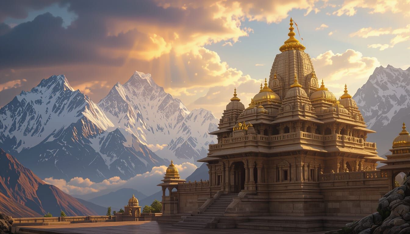 Indian Temple with Sandstone Architecture in Raja Ravi Varma...