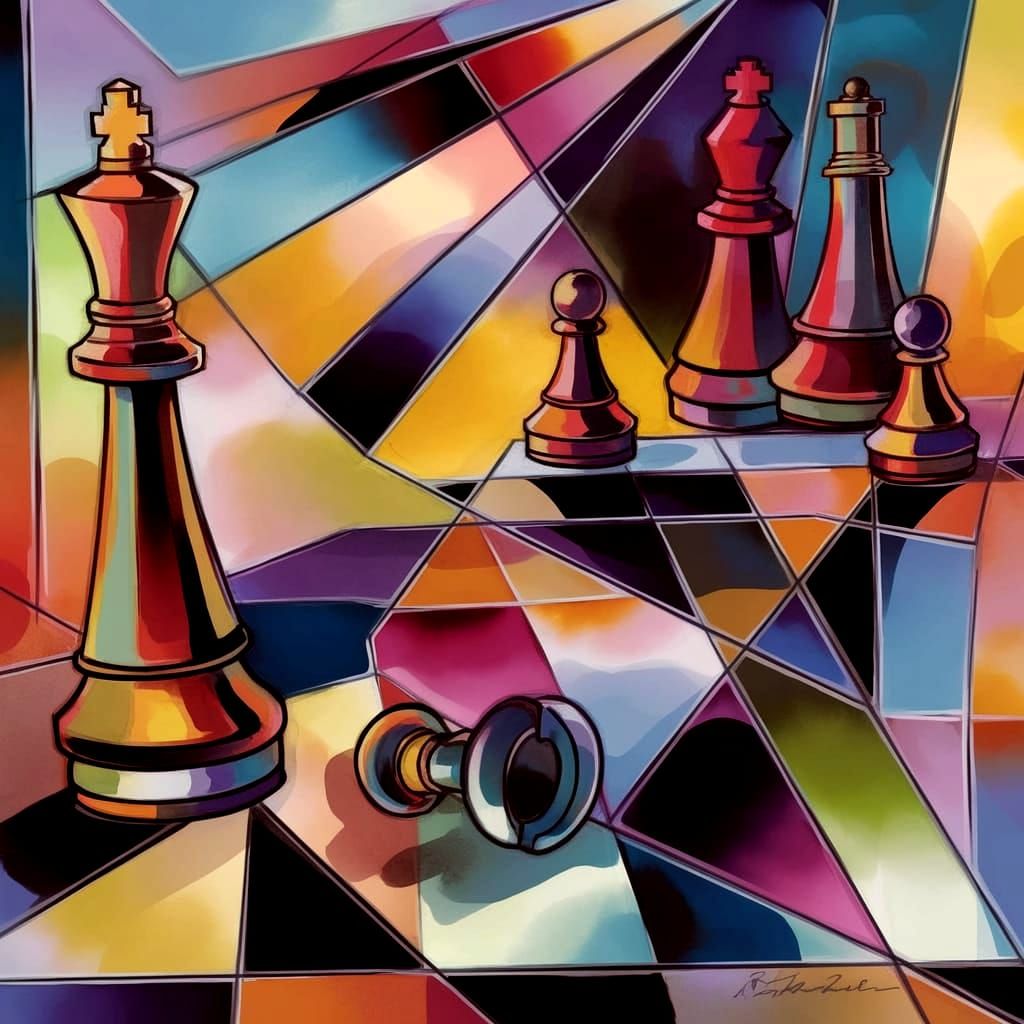 Vibrant Cubist Masterpiece of Chessboard Chaos
