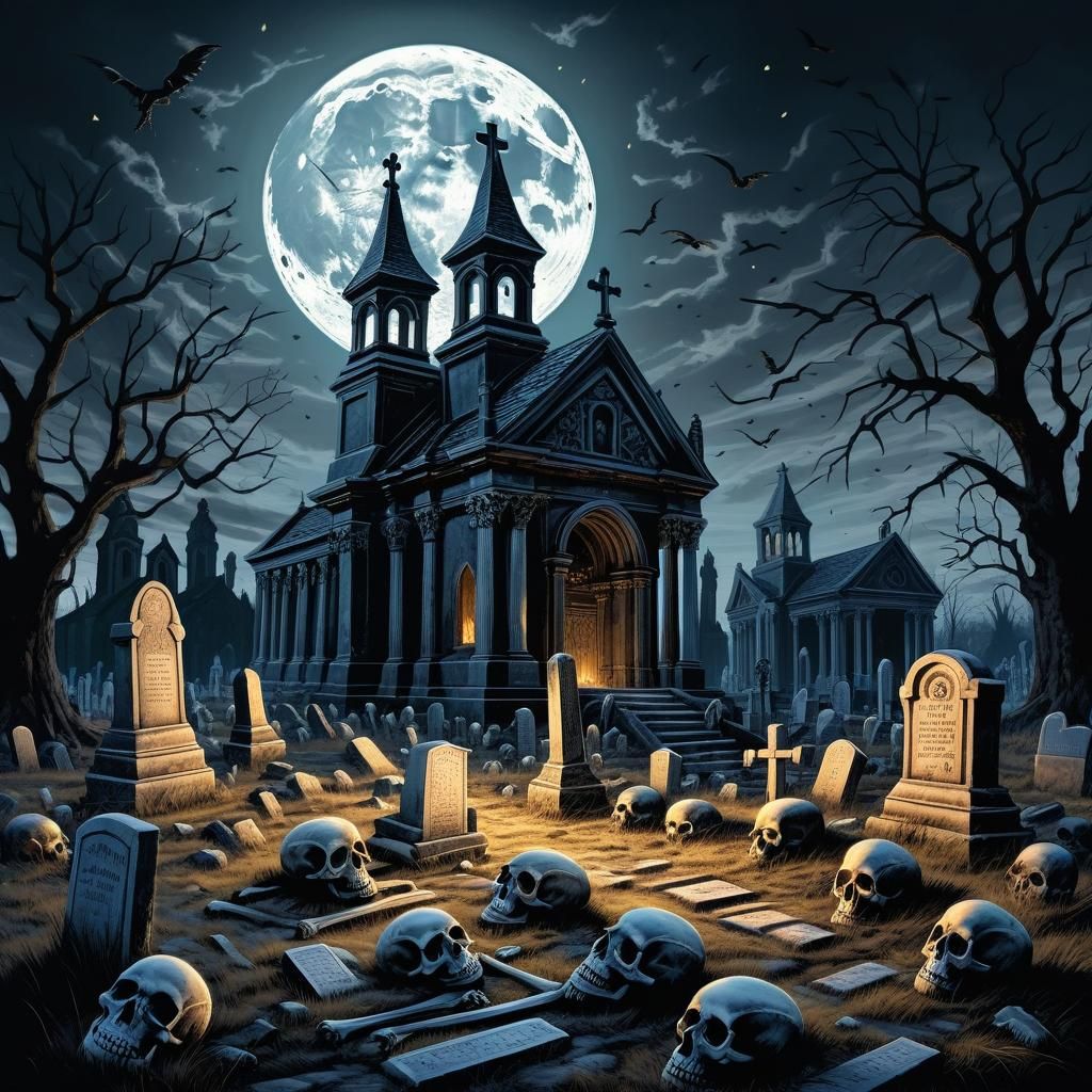 Eerie Bone Cathedral in Moonlit Graveyard