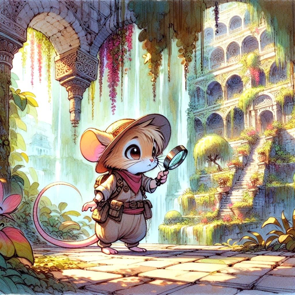 Whimsical Mouse Explorer in Hanging Gardens of Babylon Art