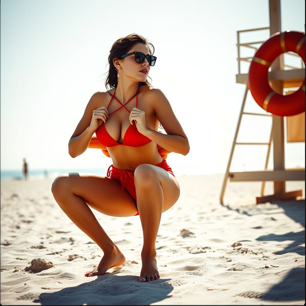 Lifeguard in Red Bikini on Sunny Beach: Cinematic Style