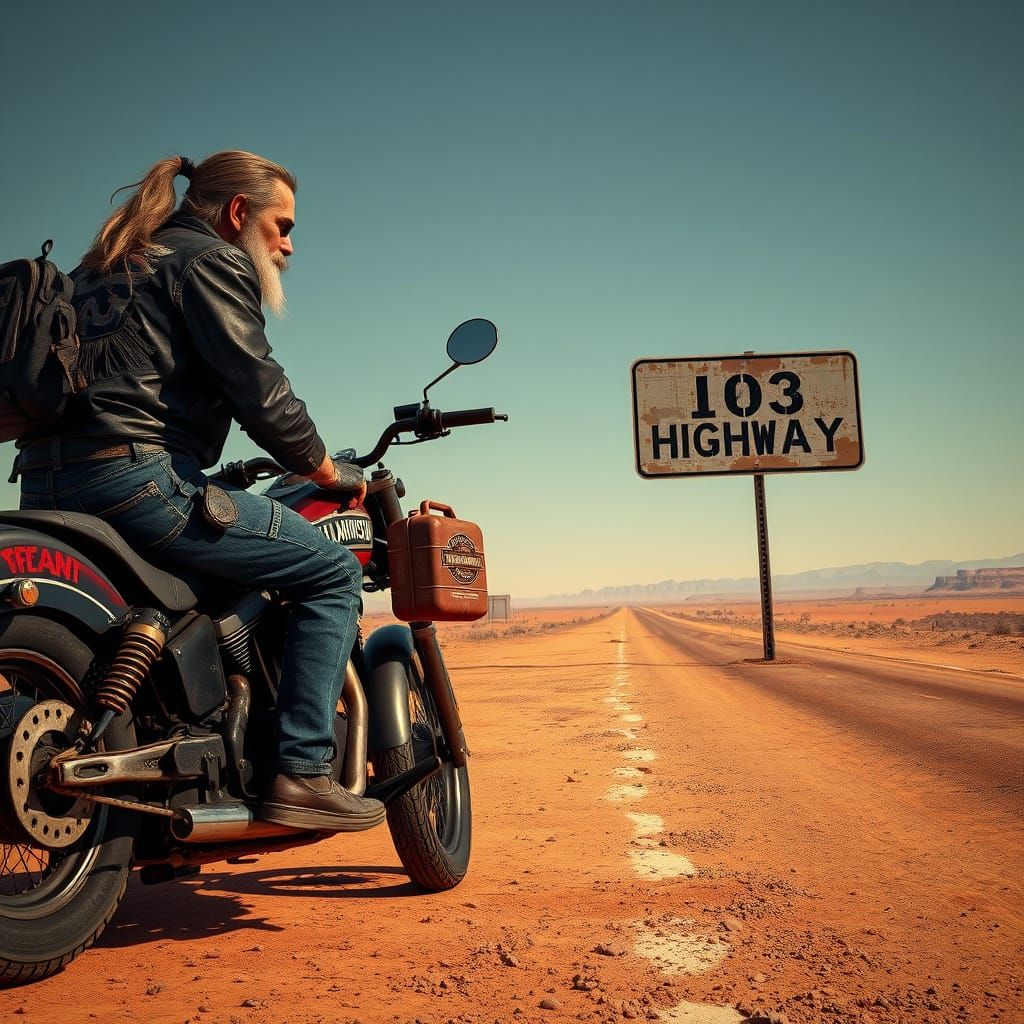 Rugged Biker Refuels on Desert Highway