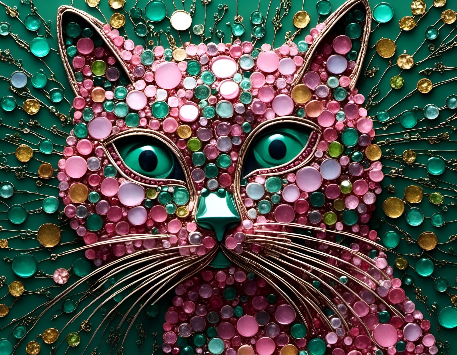 Metallic Pink and Green Cat with Metal Details