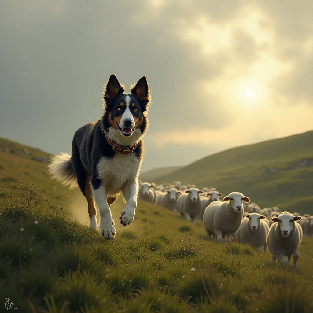 Border Collie Herding Sheep in Golden Light