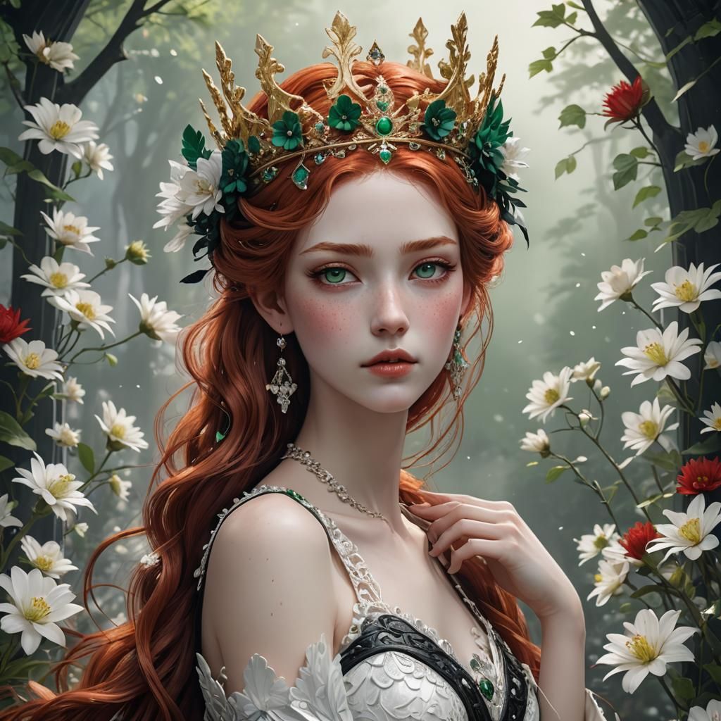 Red-Haired Woman with Flower Crown, Hyper-Realistic Anime Ar...