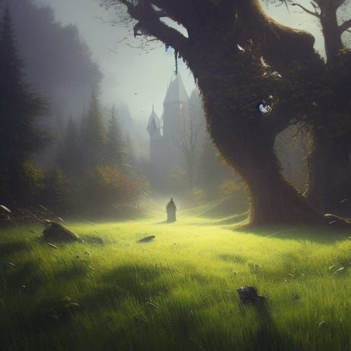 Fantasy Landscape with Green Grass in Art Nouveau Style