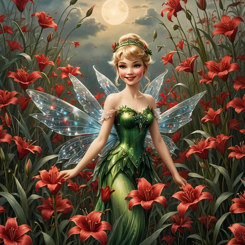 Beautiful Tinkerbell with Crystal Wings in Lily Field