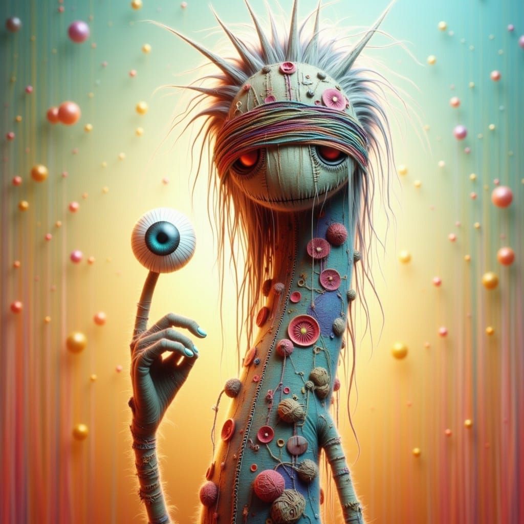 Whimsical Blindfolded Creature in a Vibrant, Surreal Landsca...