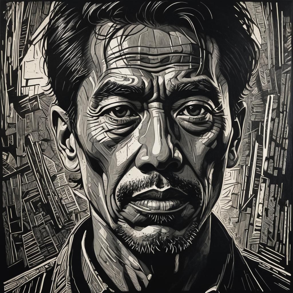 Intense Indonesian Man Portrait in Linocut Style