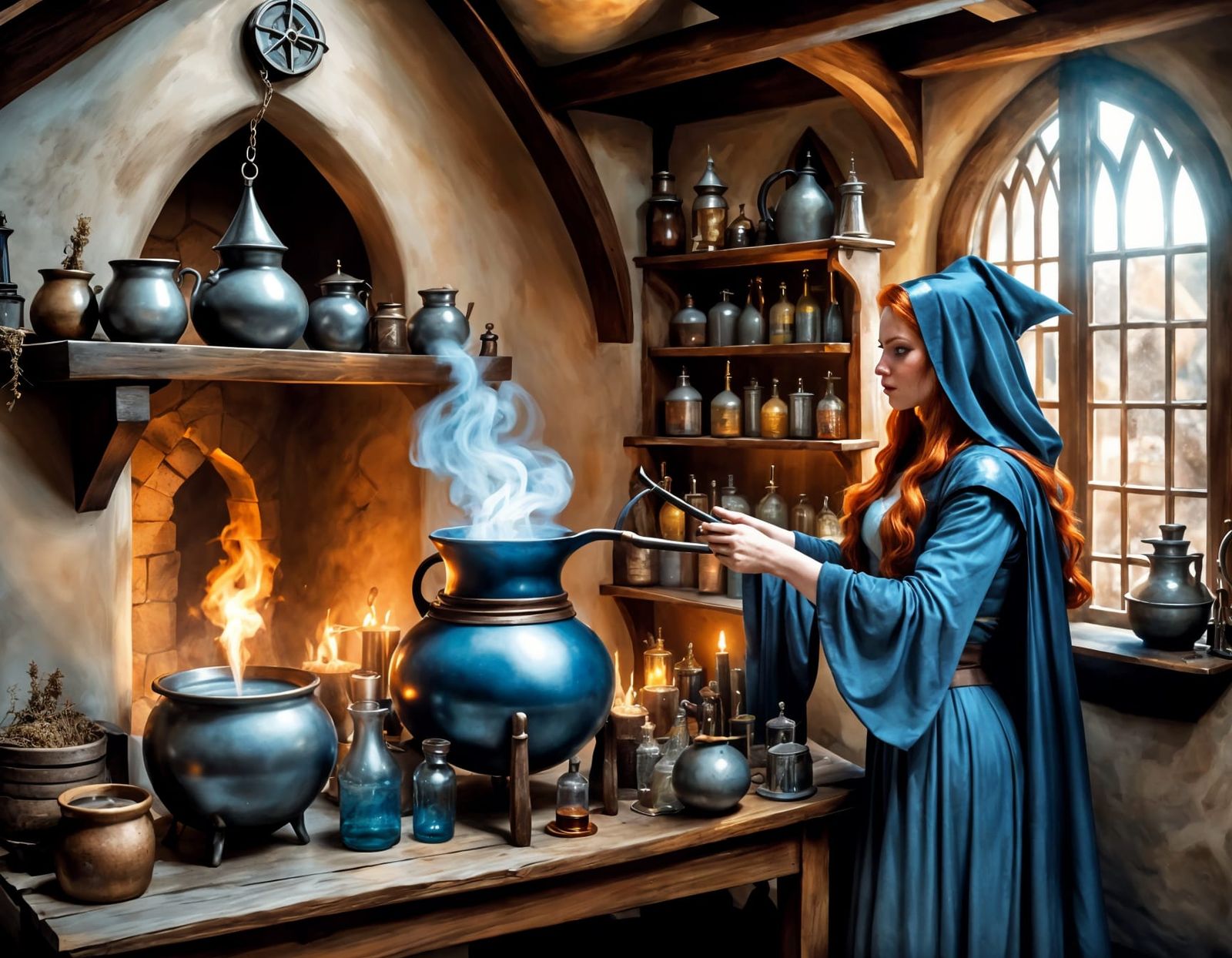 Medieval Witch Brewing Magical Potion