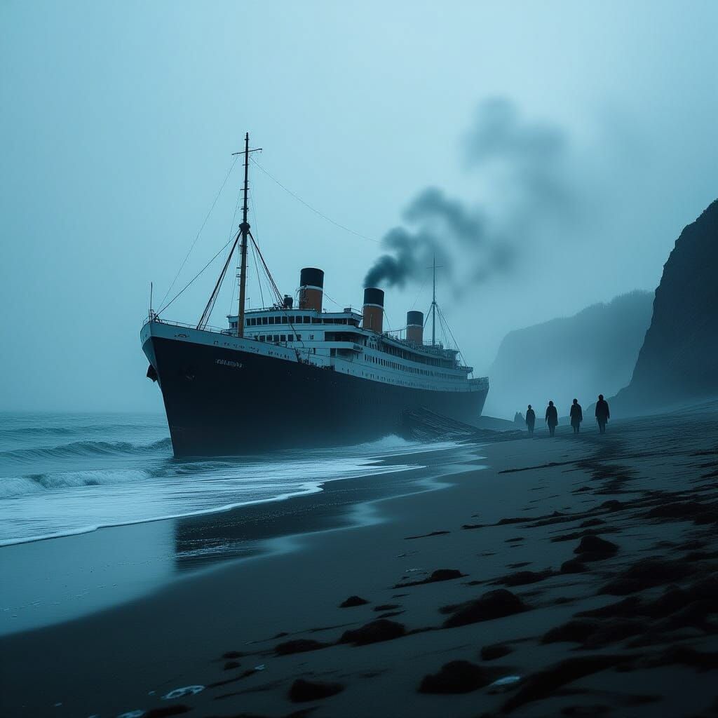 Ghostly Wrecked Liner on Eerie Beach