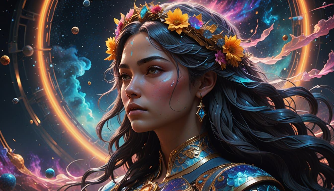 Celestial Goddess Weeping Tears of Light in Nebula