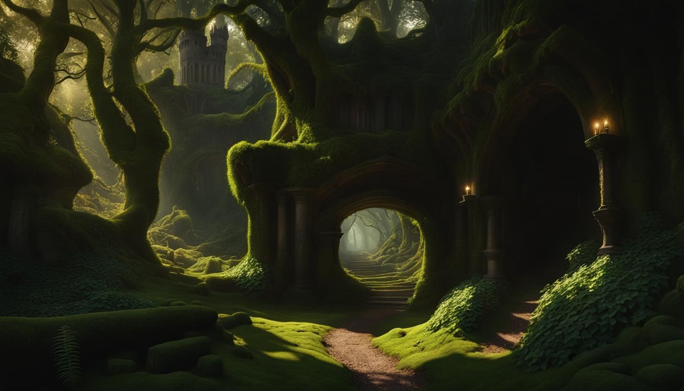 Forest path to ancient ruins.