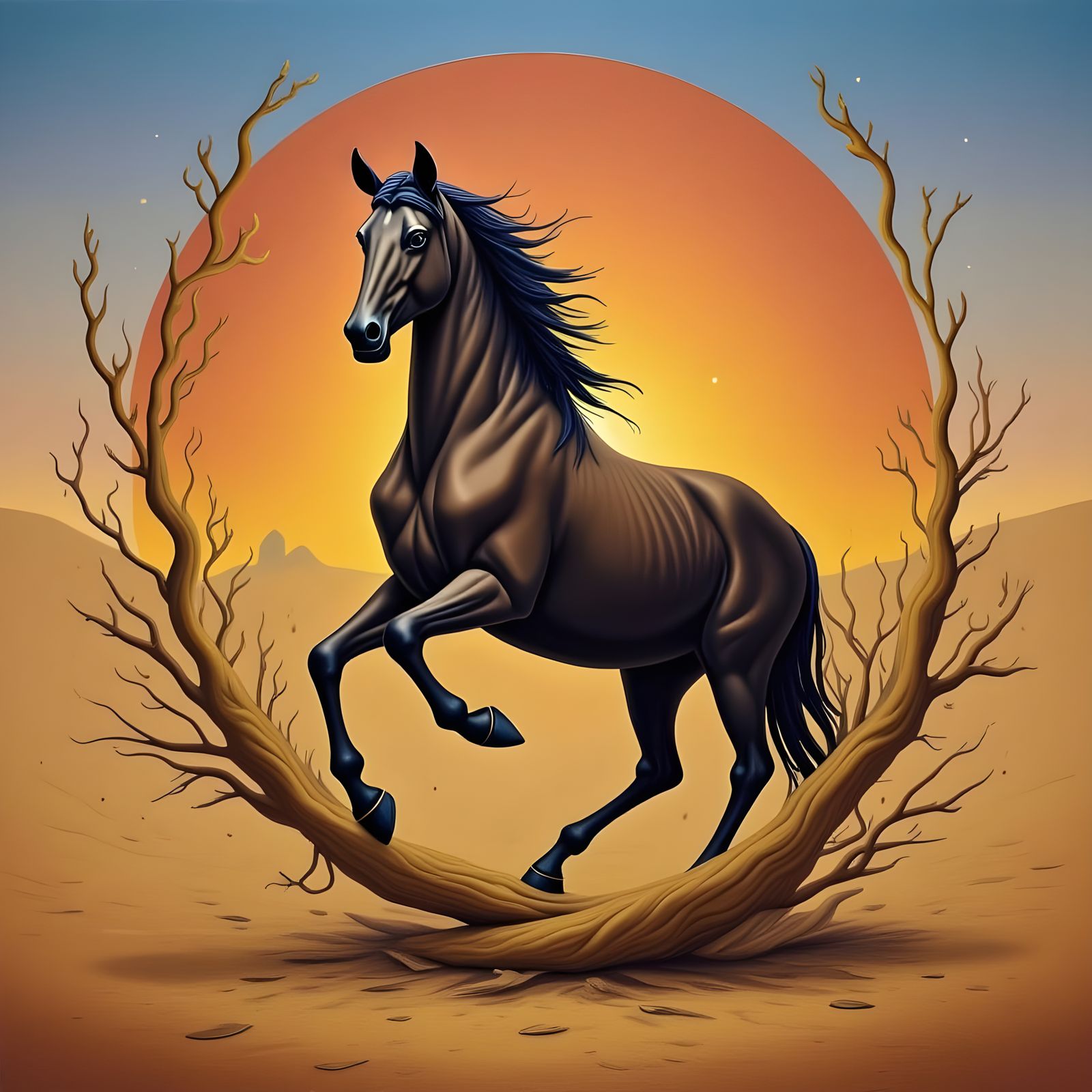 Golden Horsehead Entwined with Tumbleweed in Desert Sunset