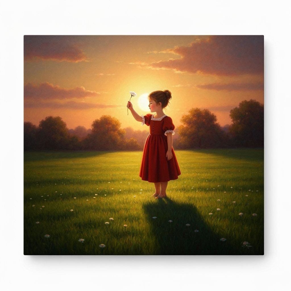 Girl in Red Dress Holds White Flower in Golden Hour Light