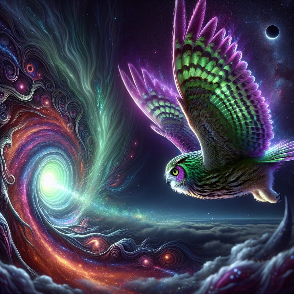 Green and Purple Owl Enters Interdimensional Portal
