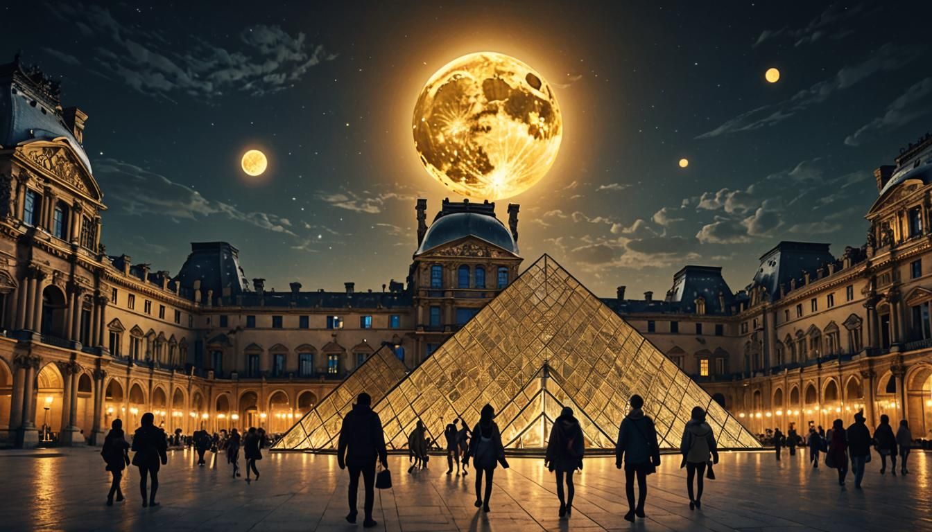 Louvre Pyramid and Golden Moon Fantasy Art