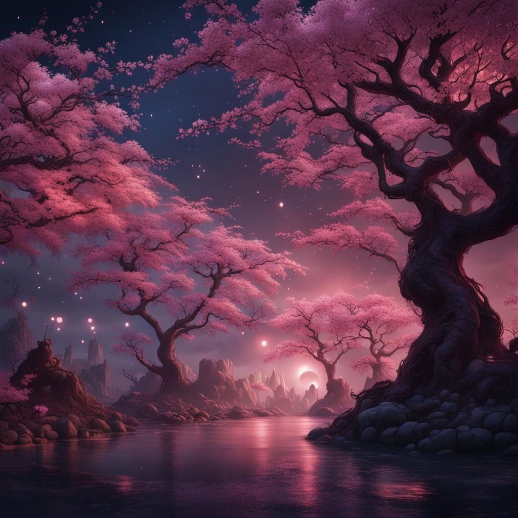 Sakura Trees at Night: Detailed Fantasy Painting