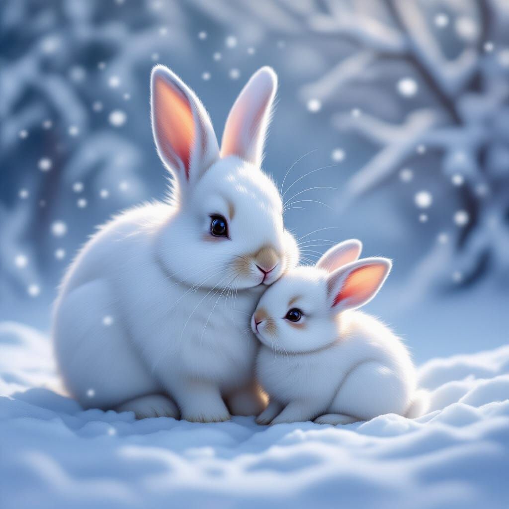 Mother and Baby Snow Rabbits in Ethereal Mist