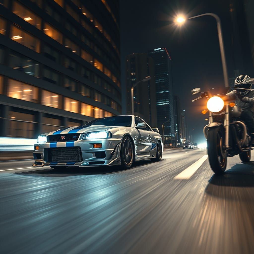 Silver Sports Car Speeds Through City Night