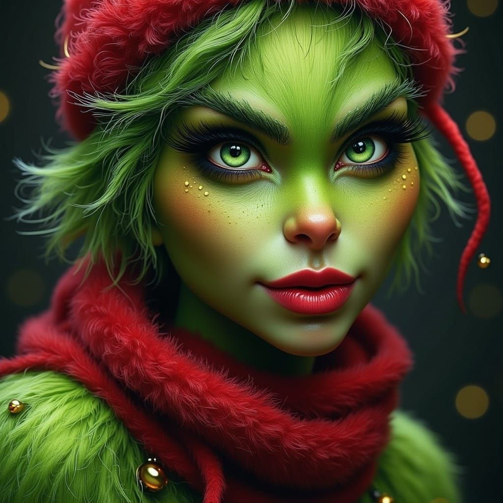 Mischievous Furry Grinch Queen in Whimsical Fantasy Portrait