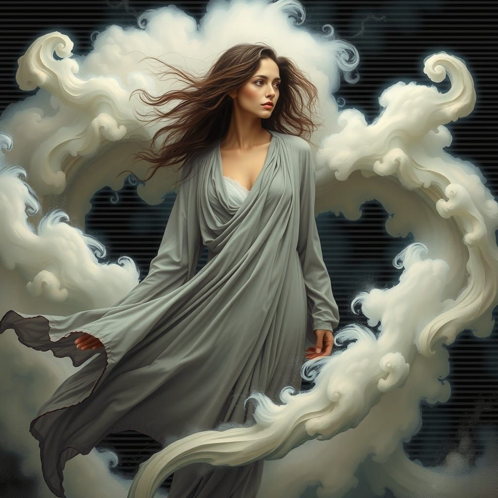 Ethereal Woman Dissolves into Swirling Cloudscape