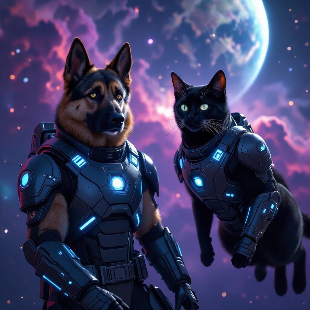 Space Armor Dog and Cat in Cosmic Nebula