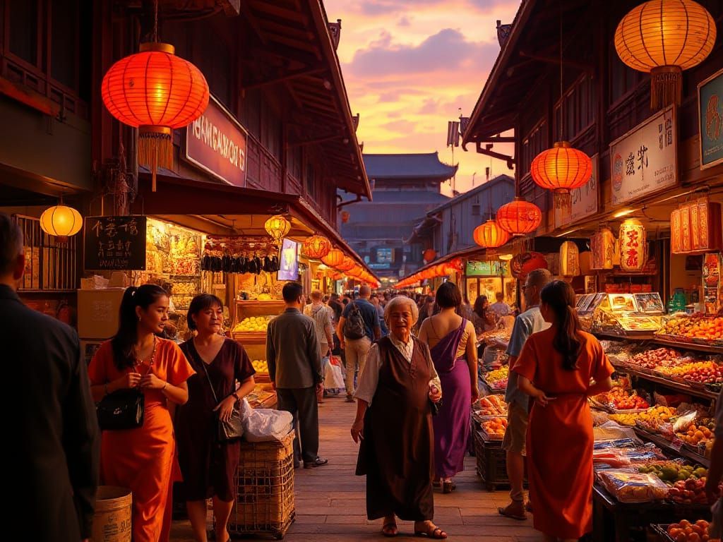 Vibrant Chinese Marketplace at Sunset: Digital Art