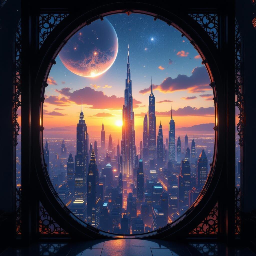 Ethereal Starlit Cityscape at Sunset Through Cosmic Window