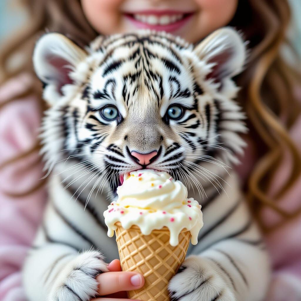 Macro Photo of White Tiger Cub Eating Ice Cream