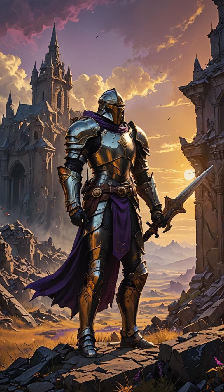 Armored Paladin in Mystical Ruin: Dark Fantasy Art