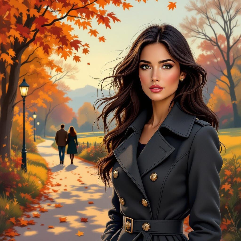 Autumn Portrait: Woman in Gray Coat Amidst Vibrant Fall Land...