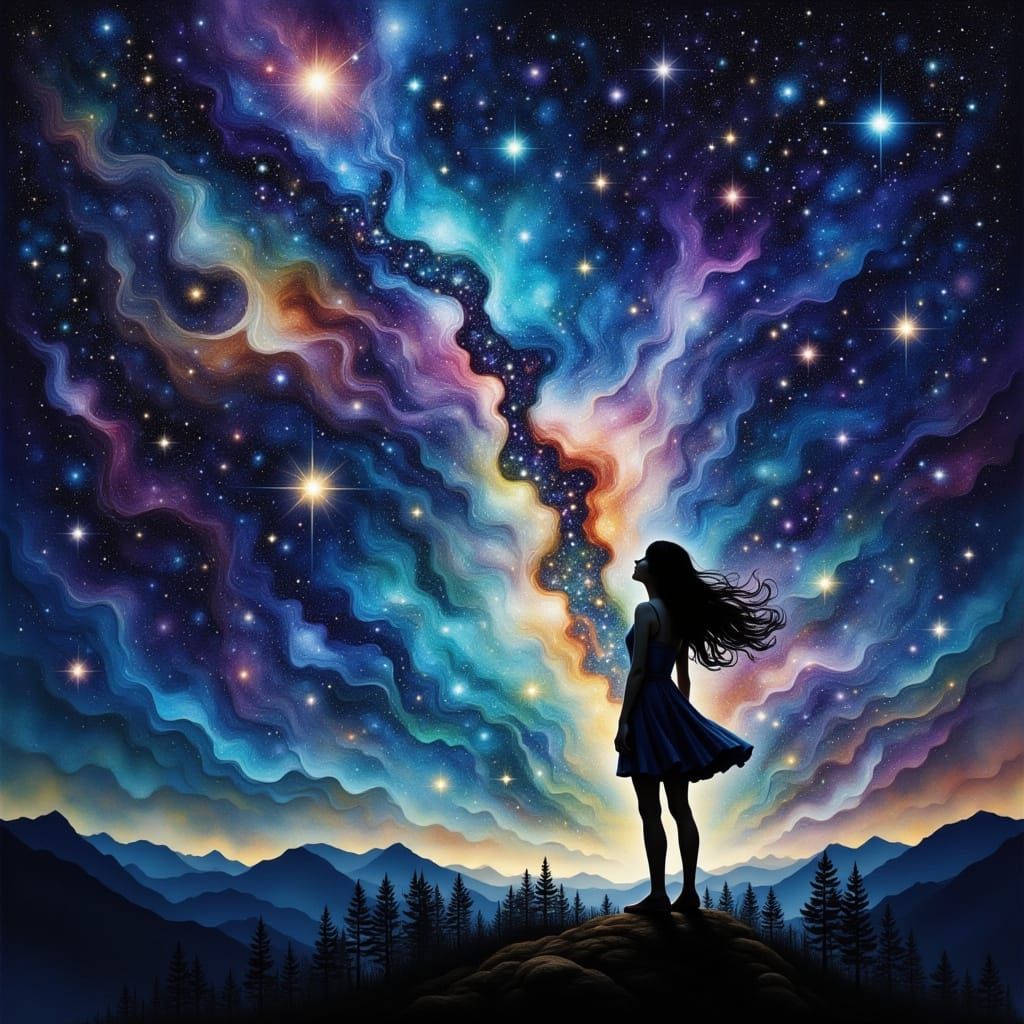 A Woman in a Celestial Realm of Vibrant Blues and Purples