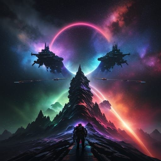 Epic Space Battle in Rainbow Nebula, Go Nagai Style