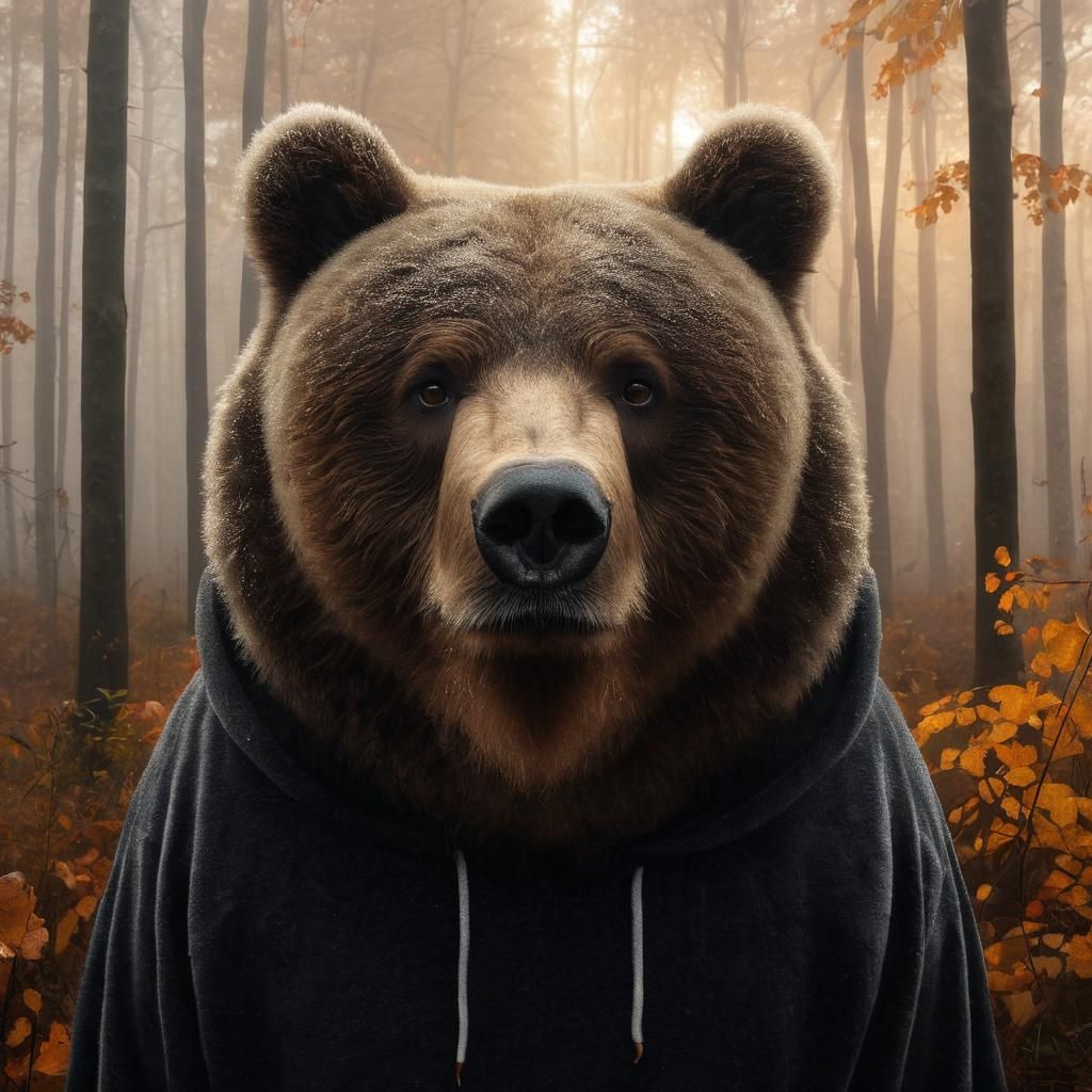 Cynical Kodiak Bear in Misty Autumn Woodland