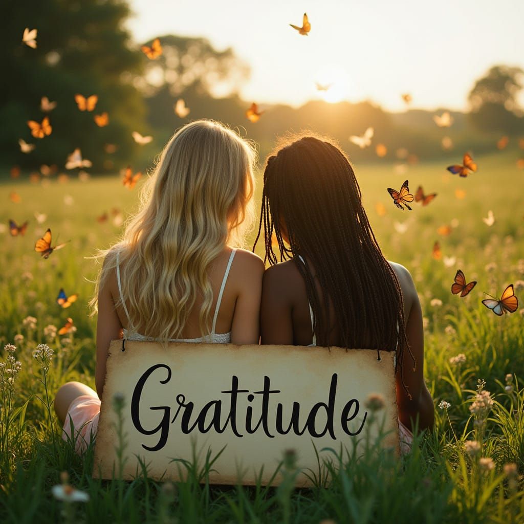 Women in Gratitude, Surrounded by Vibrant Butterflies in a C...