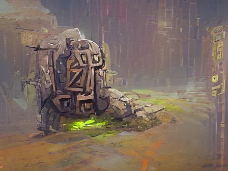 Neon Rune Stone Golem in Dieselpunk Landscape