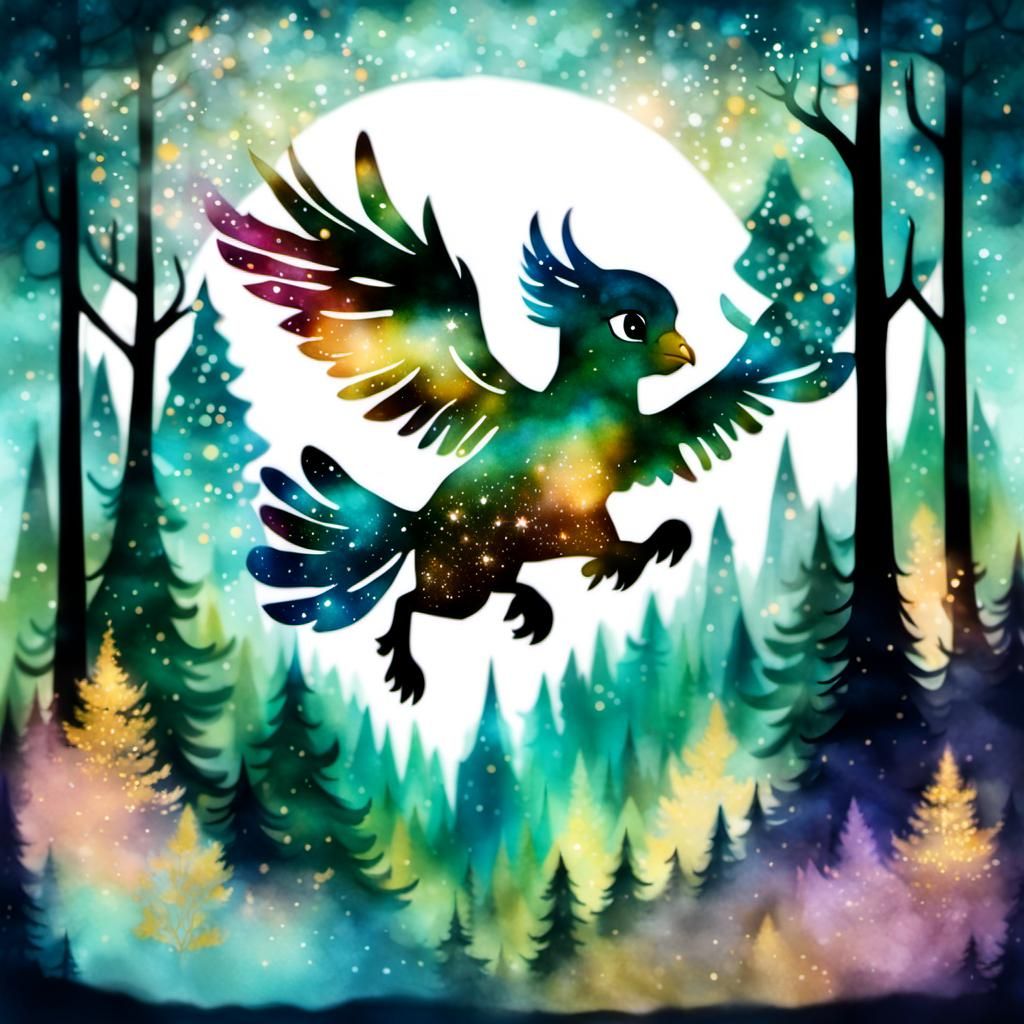 Hippogriff Flight in Glittering Alcohol Ink Style