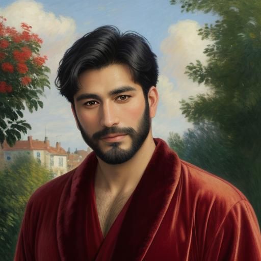Elegant Peruvian Gentleman in Red Velvet Bathrobe