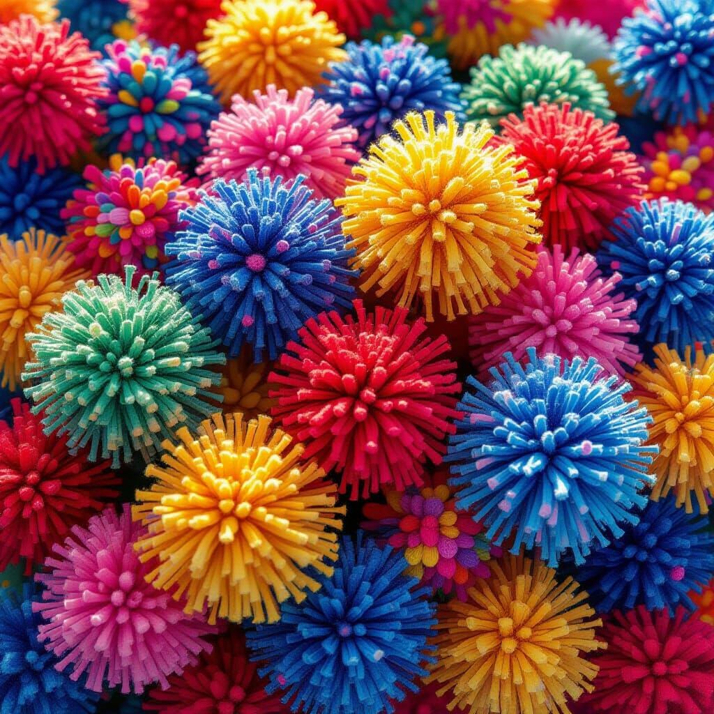 Rainbow Pom Poms with Intricate Textures