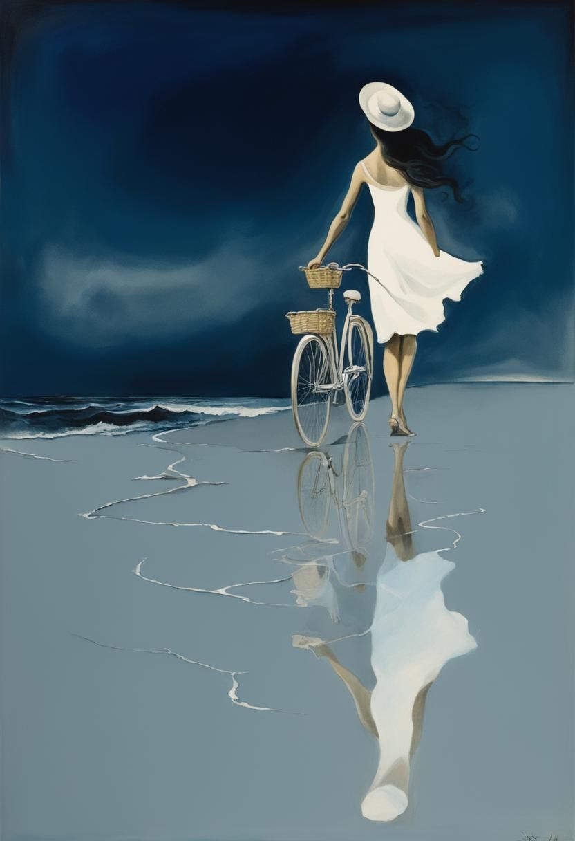 Woman on Bicycle in Storm, Surrealist Style