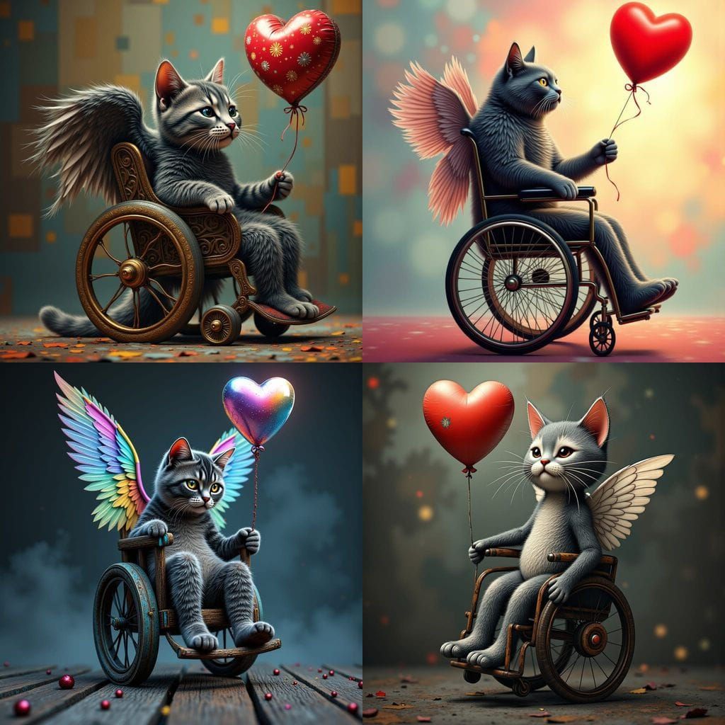 Fantastical Gray Tabby Cat in Wheelchair Holding Heart Ballo...
